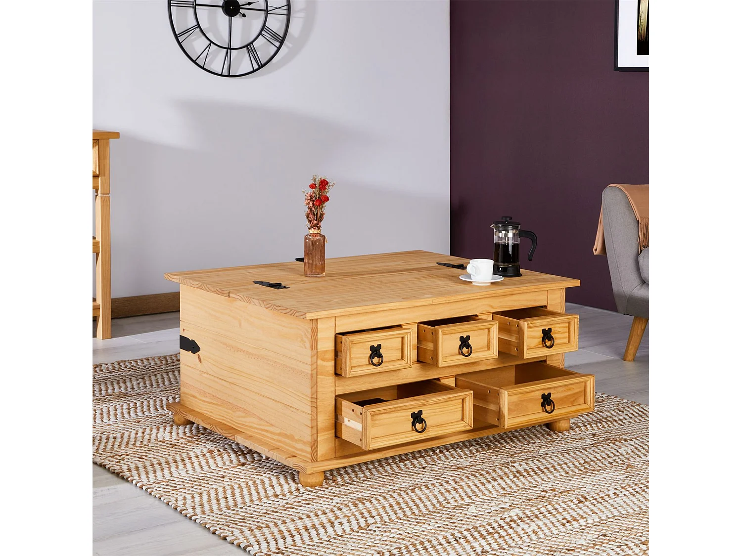 Table basse de salon TEQUILA coffre malle de rangement rectangulaire en bois style mexicain avec 5 tiroirs en pin massif teinté/ciré