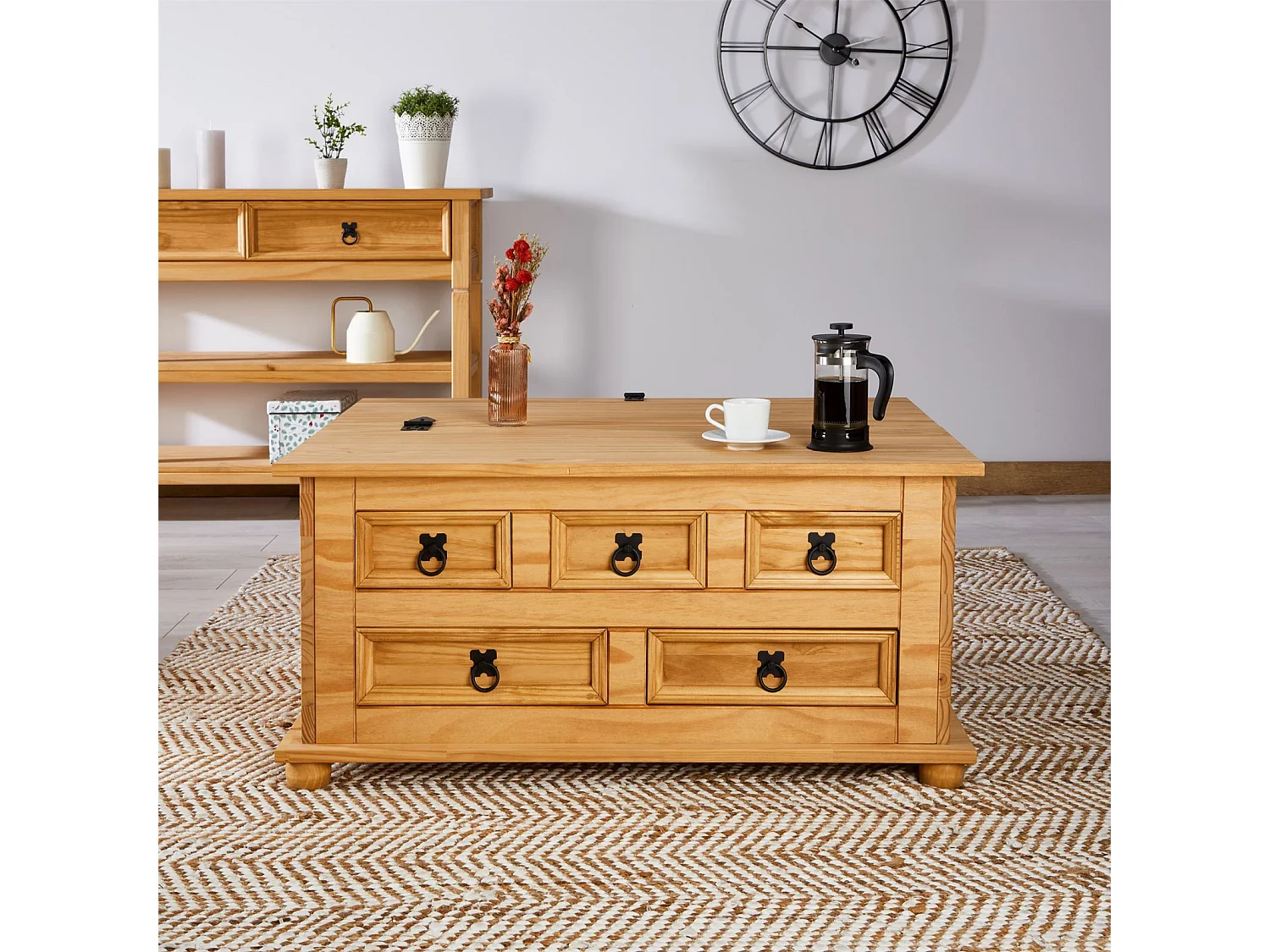 Table basse de salon TEQUILA coffre malle de rangement rectangulaire en bois style mexicain avec 5 tiroirs en pin massif teinté/ciré