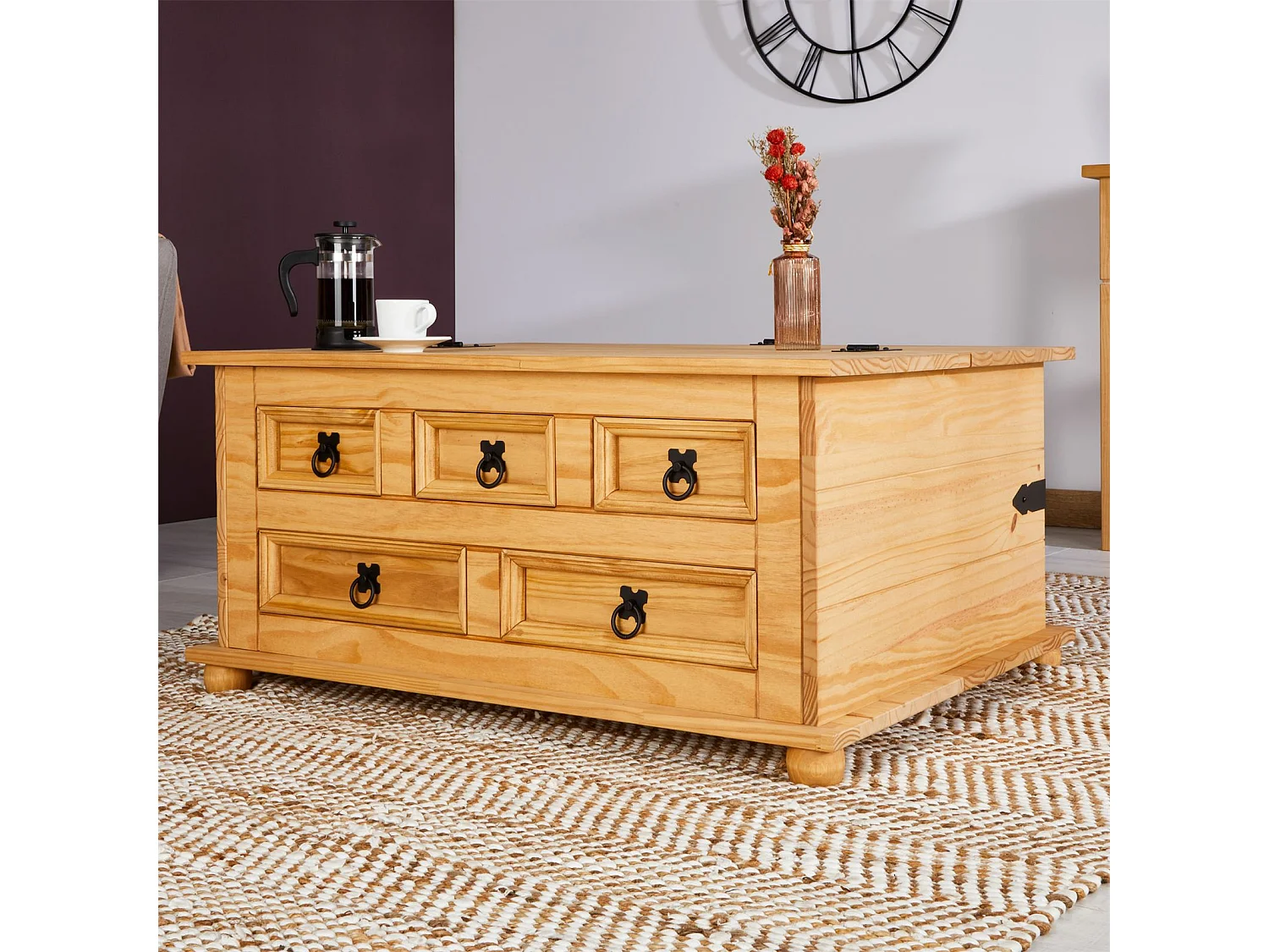 Table basse de salon TEQUILA coffre malle de rangement rectangulaire en bois style mexicain avec 5 tiroirs en pin massif teinté/ciré