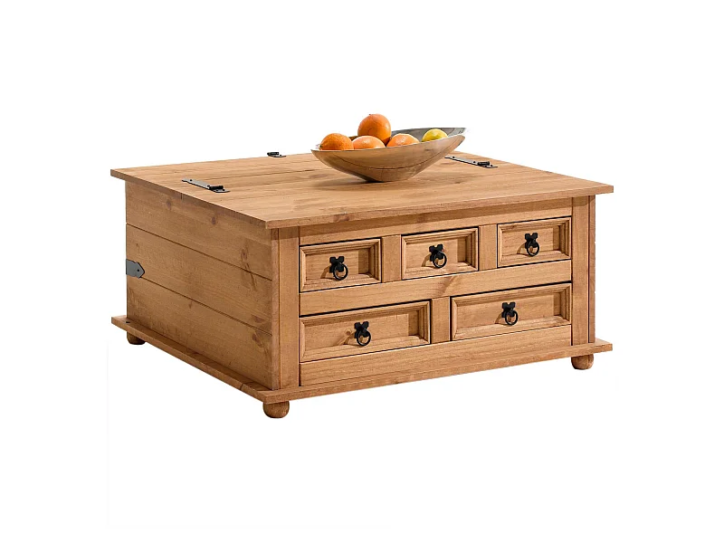 Table basse de salon TEQUILA coffre malle de rangement rectangulaire en bois style mexicain avec 5 tiroirs en pin massif teinté/ciré