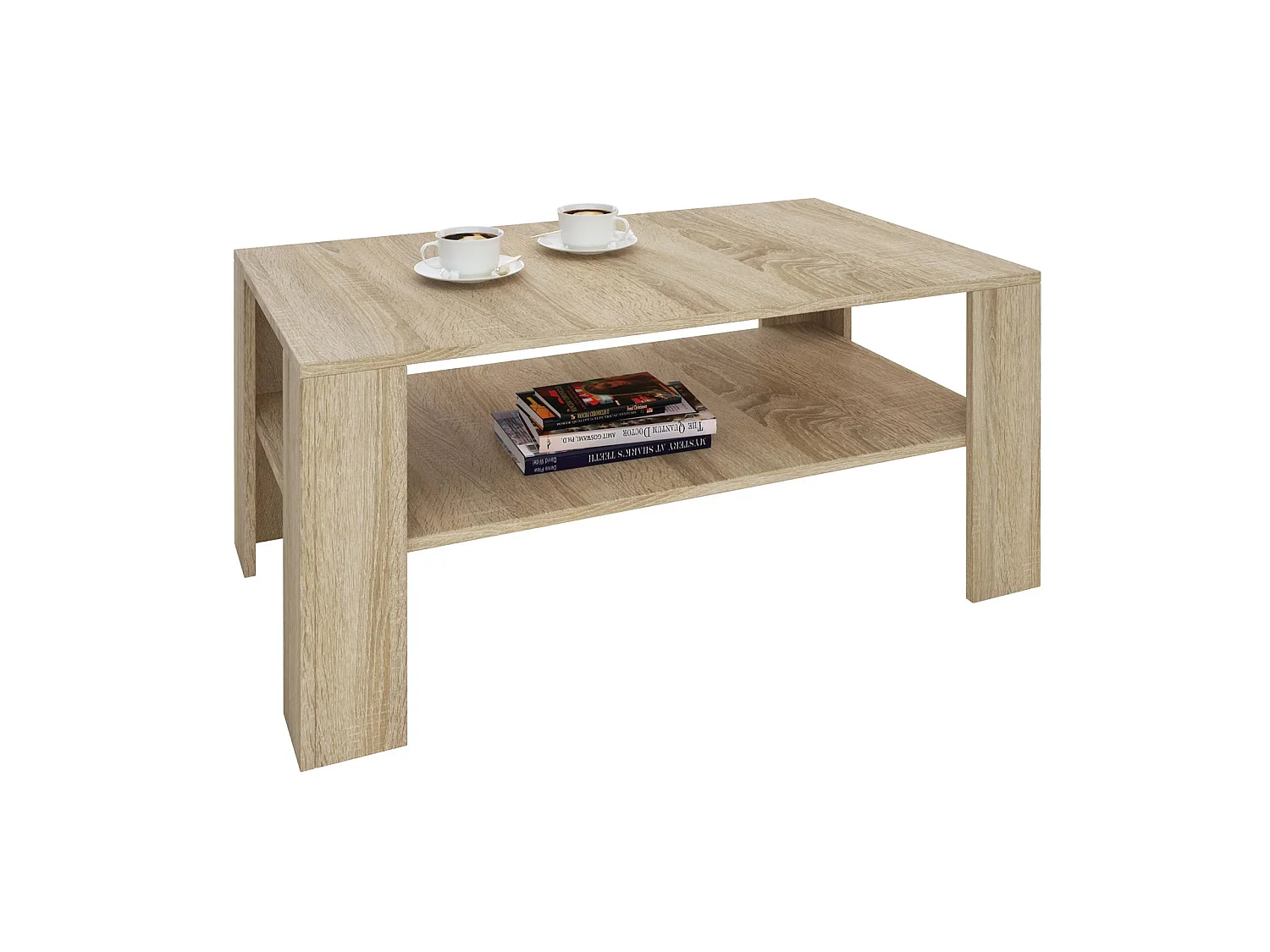 Table basse LORIENT, table de salon rectangulaire avec 1 étagère espace de rangement ouvert, en mélaminé décor chêne sonoma