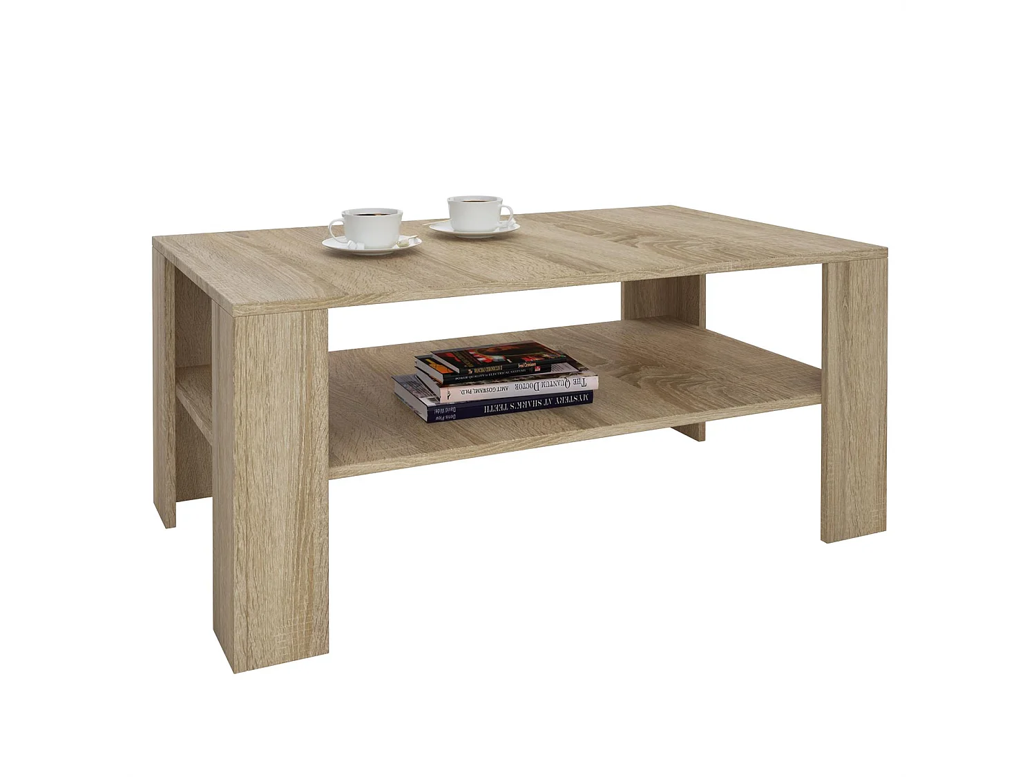 Table basse LORIENT, table de salon rectangulaire avec 1 étagère espace de rangement ouvert, en mélaminé décor chêne sonoma