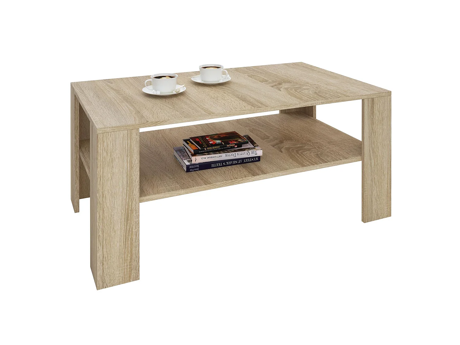 Table basse LORIENT, table de salon rectangulaire avec 1 étagère espace de rangement ouvert, en mélaminé décor chêne sonoma