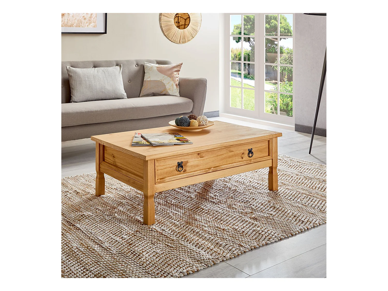 Table basse de salon TEQUILA plateau rectangulaire en bois style mexicain avec 1 grand tiroir, en pin massif teinté et ciré