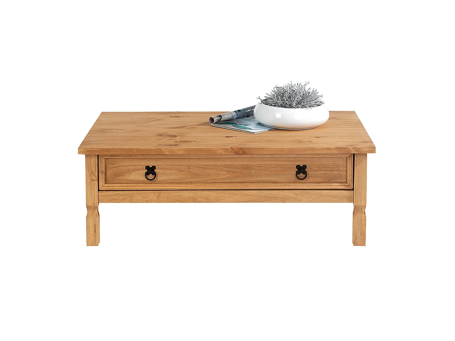 Table basse de salon TEQUILA plateau rectangulaire en bois style mexicain avec 1 grand tiroir, en pin massif teinté et ciré