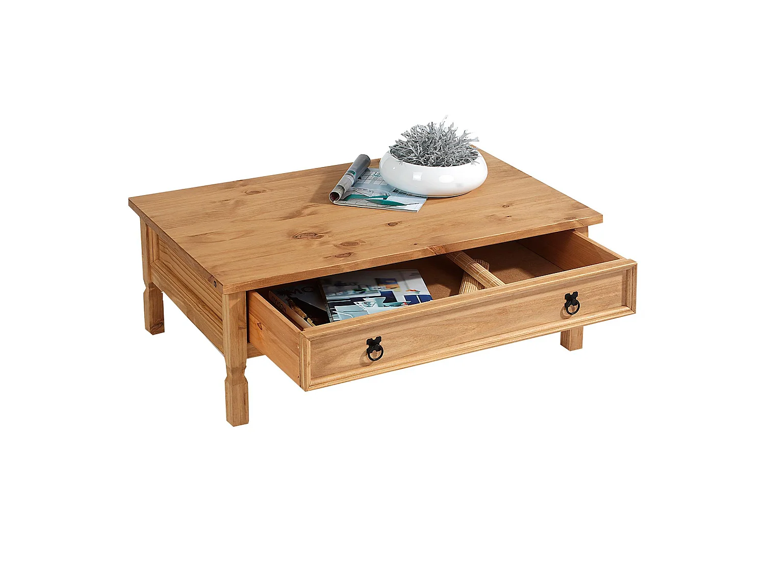 Table basse de salon TEQUILA plateau rectangulaire en bois style mexicain avec 1 grand tiroir, en pin massif teinté et ciré