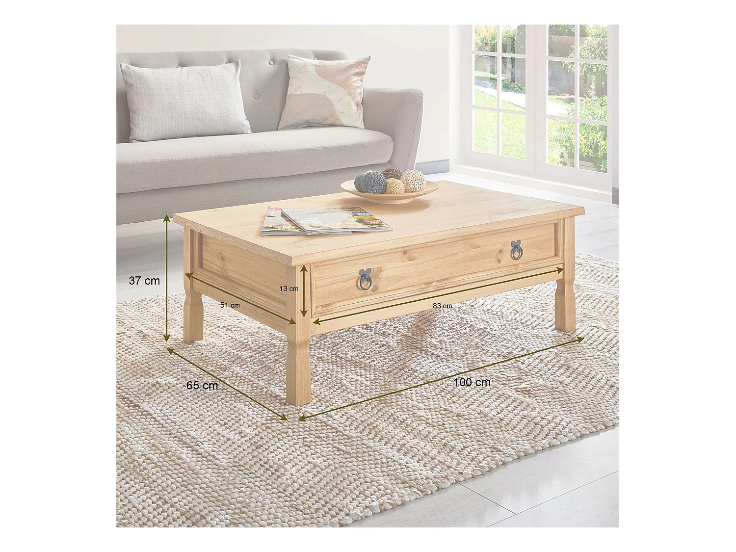 Table basse de salon TEQUILA plateau rectangulaire en bois style mexicain avec 1 grand tiroir, en pin massif teinté et ciré