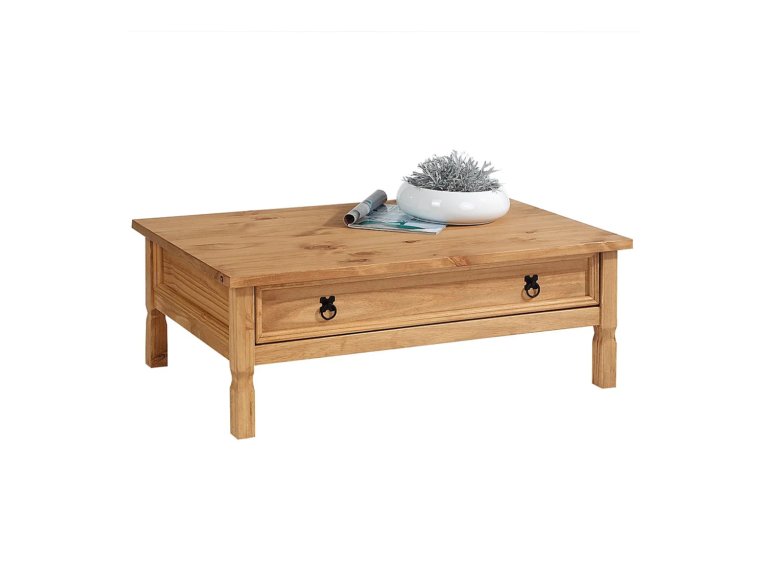 Table basse de salon TEQUILA plateau rectangulaire en bois style mexicain avec 1 grand tiroir, en pin massif teinté et ciré