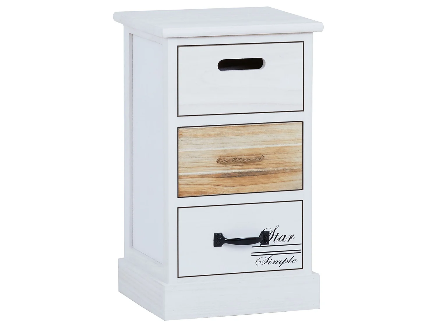 Chiffonnier DANIA étagère de rangement 3 tiroirs en bois de paulownia blanc et brun, style shabby chic vintage maison de campagne