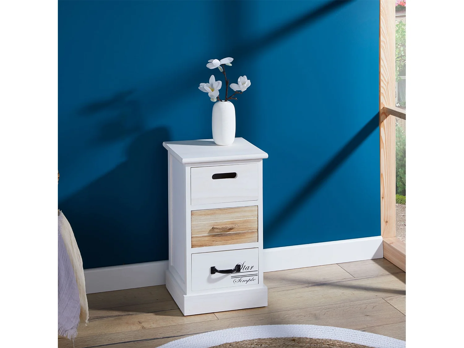 Chiffonnier DANIA étagère de rangement 3 tiroirs en bois de paulownia blanc et brun, style shabby chic vintage maison de campagne