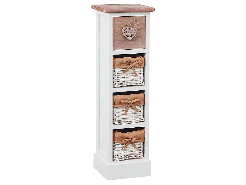 Chiffonnier FLOWER H 70 cm en bois massif blanc et brun 1 tiroir et 3 paniers commode petit meuble de rangement haut