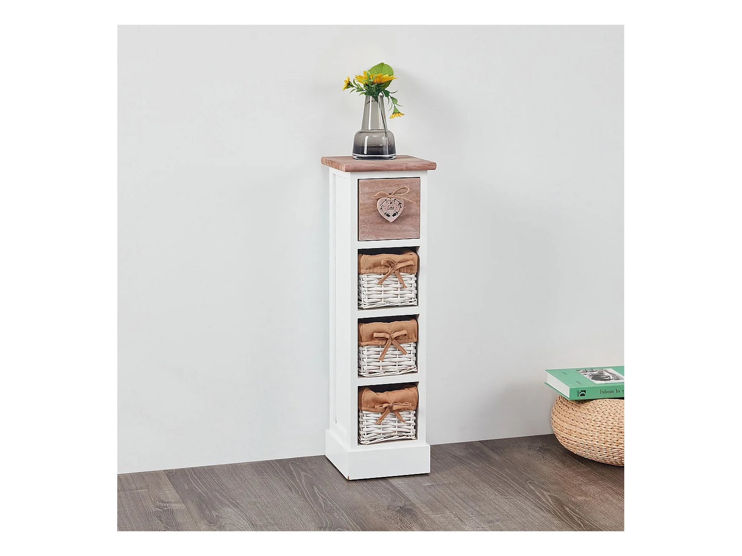 Chiffonnier FLOWER H 70 cm en bois massif blanc et brun 1 tiroir et 3 paniers commode petit meuble de rangement haut