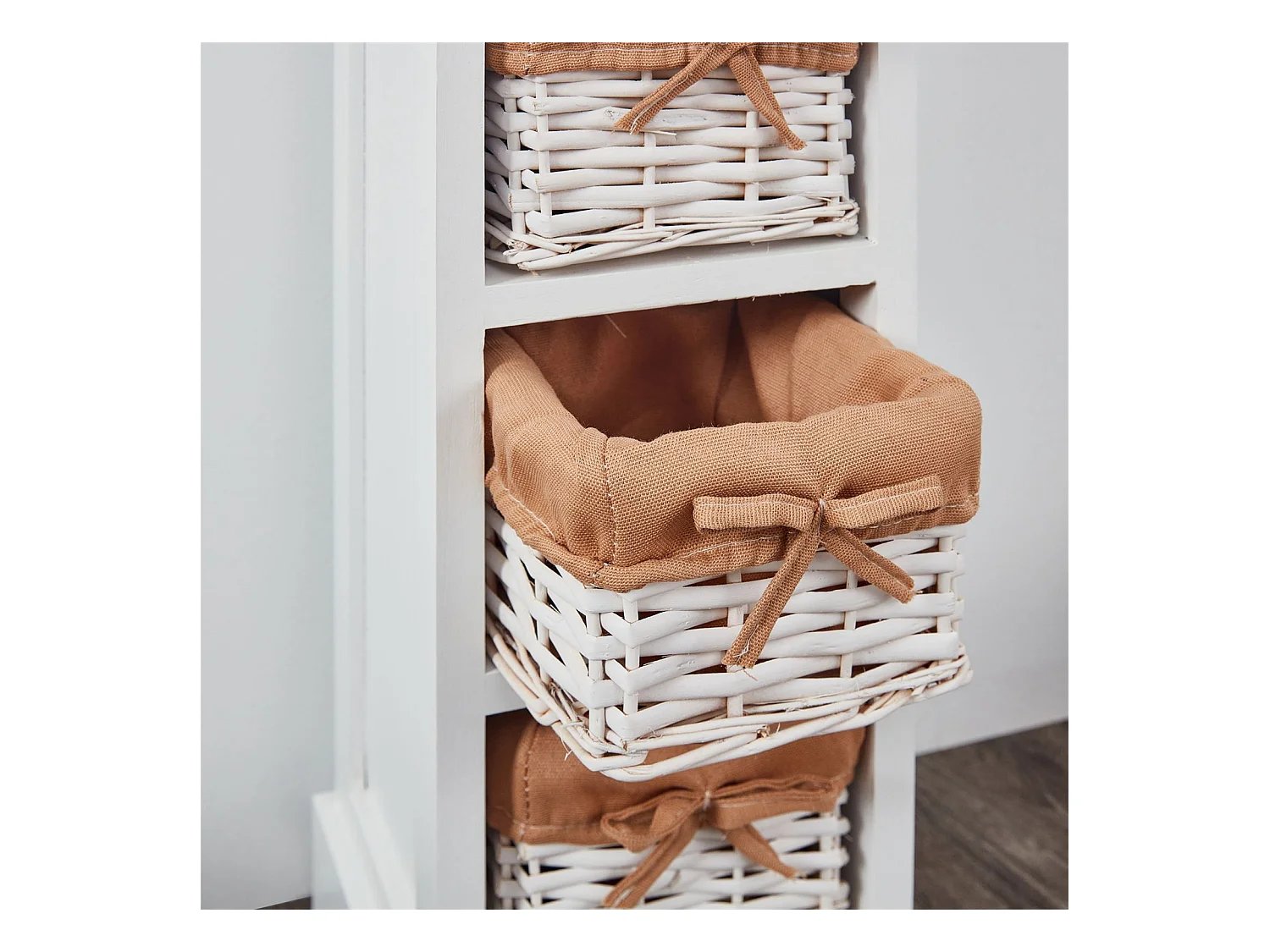 Chiffonnier FLOWER H 70 cm en bois massif blanc et brun 1 tiroir et 3 paniers commode petit meuble de rangement haut