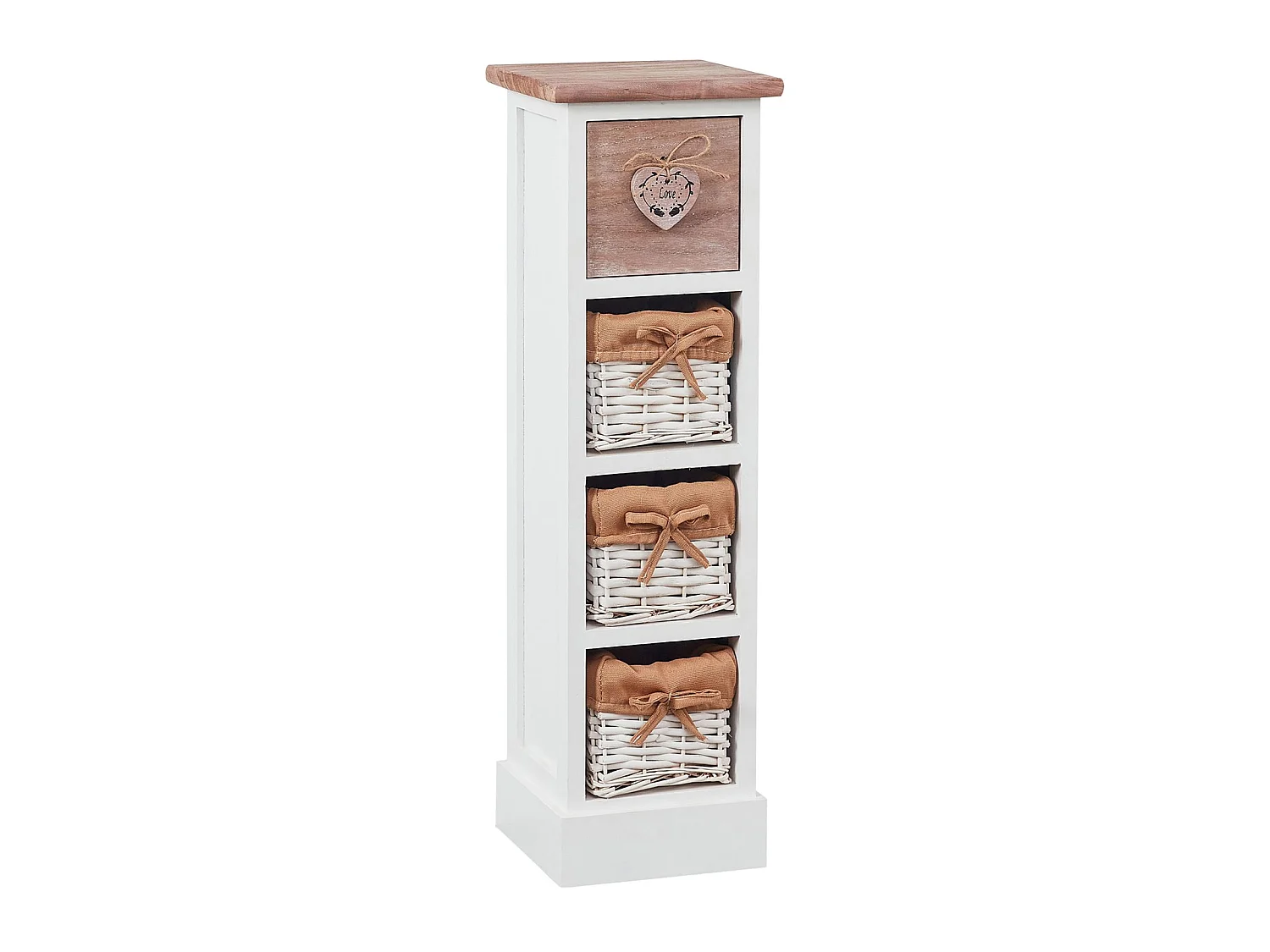 Chiffonnier FLOWER H 70 cm en bois massif blanc et brun 1 tiroir et 3 paniers commode petit meuble de rangement haut