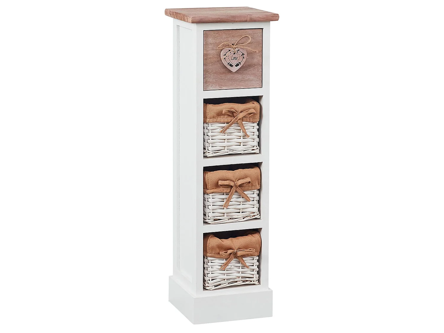 Chiffonnier FLOWER H 70 cm en bois massif blanc et brun 1 tiroir et 3 paniers commode petit meuble de rangement haut