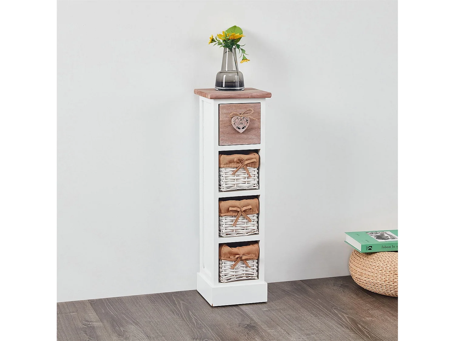Chiffonnier FLOWER H 70 cm en bois massif blanc et brun 1 tiroir et 3 paniers commode petit meuble de rangement haut