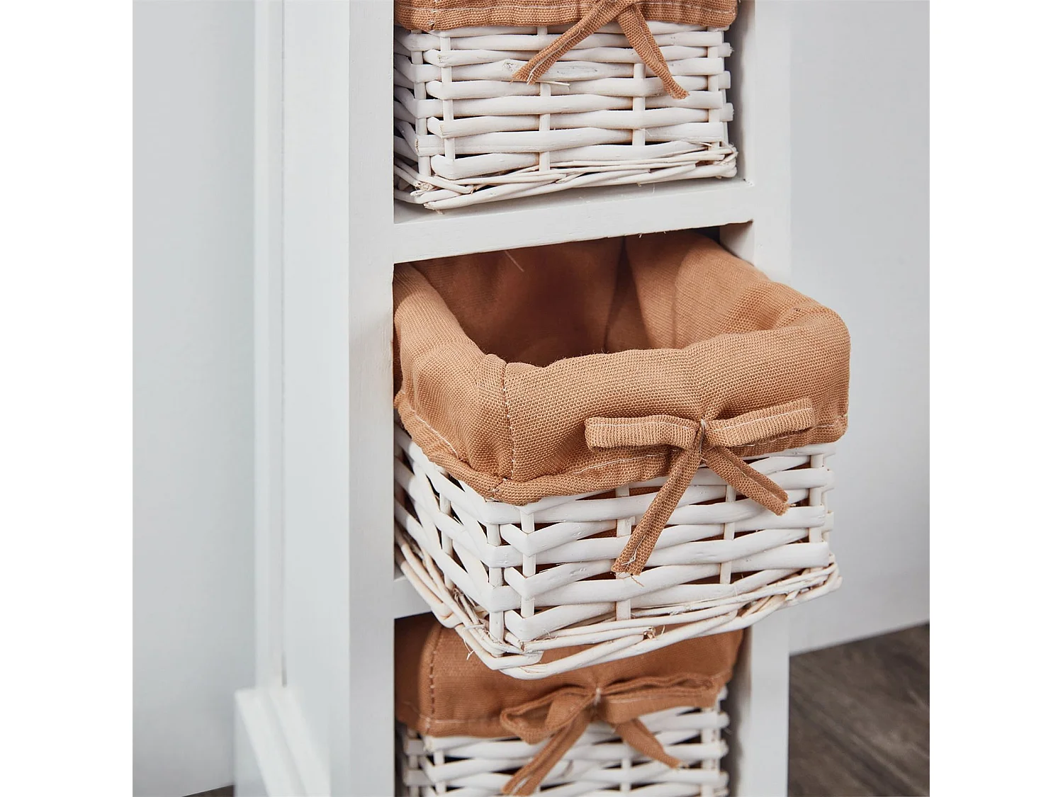 Chiffonnier FLOWER H 70 cm en bois massif blanc et brun 1 tiroir et 3 paniers commode petit meuble de rangement haut