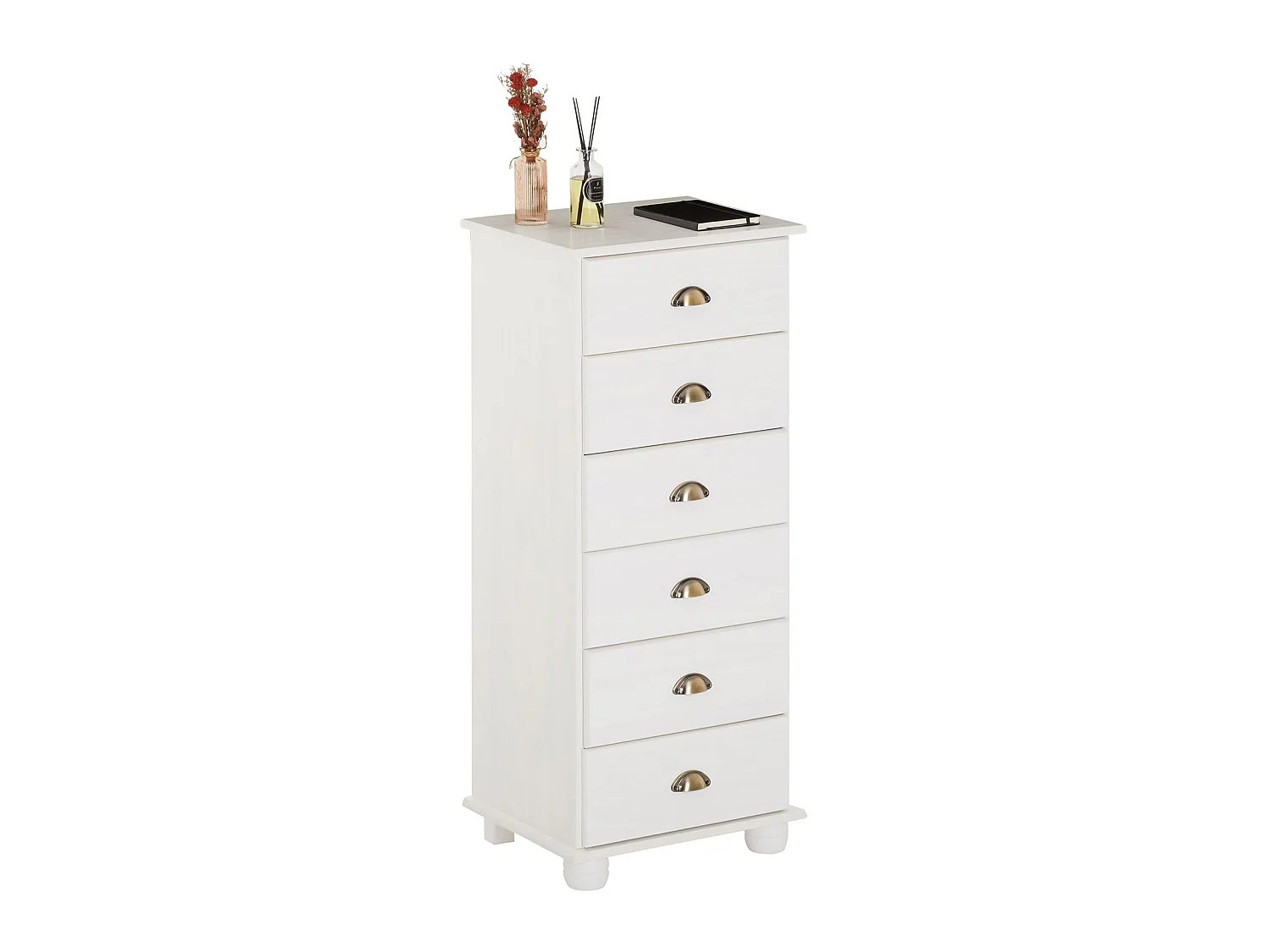 Chiffonnier COLMAR commode apothicaire avec 6 tiroirs de rangement, en pin massif lasuré blanc