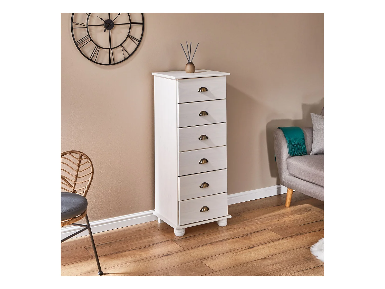 Chiffonnier COLMAR commode apothicaire avec 6 tiroirs de rangement, en pin massif lasuré blanc