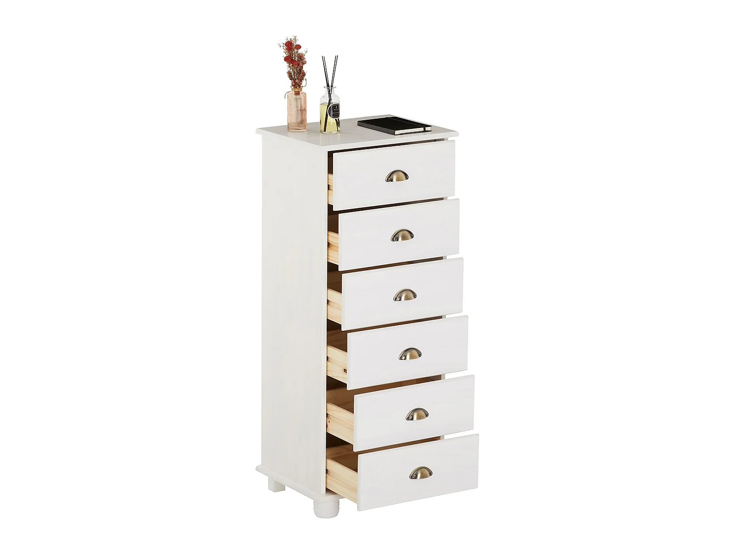 Chiffonnier COLMAR commode apothicaire avec 6 tiroirs de rangement, en pin massif lasuré blanc