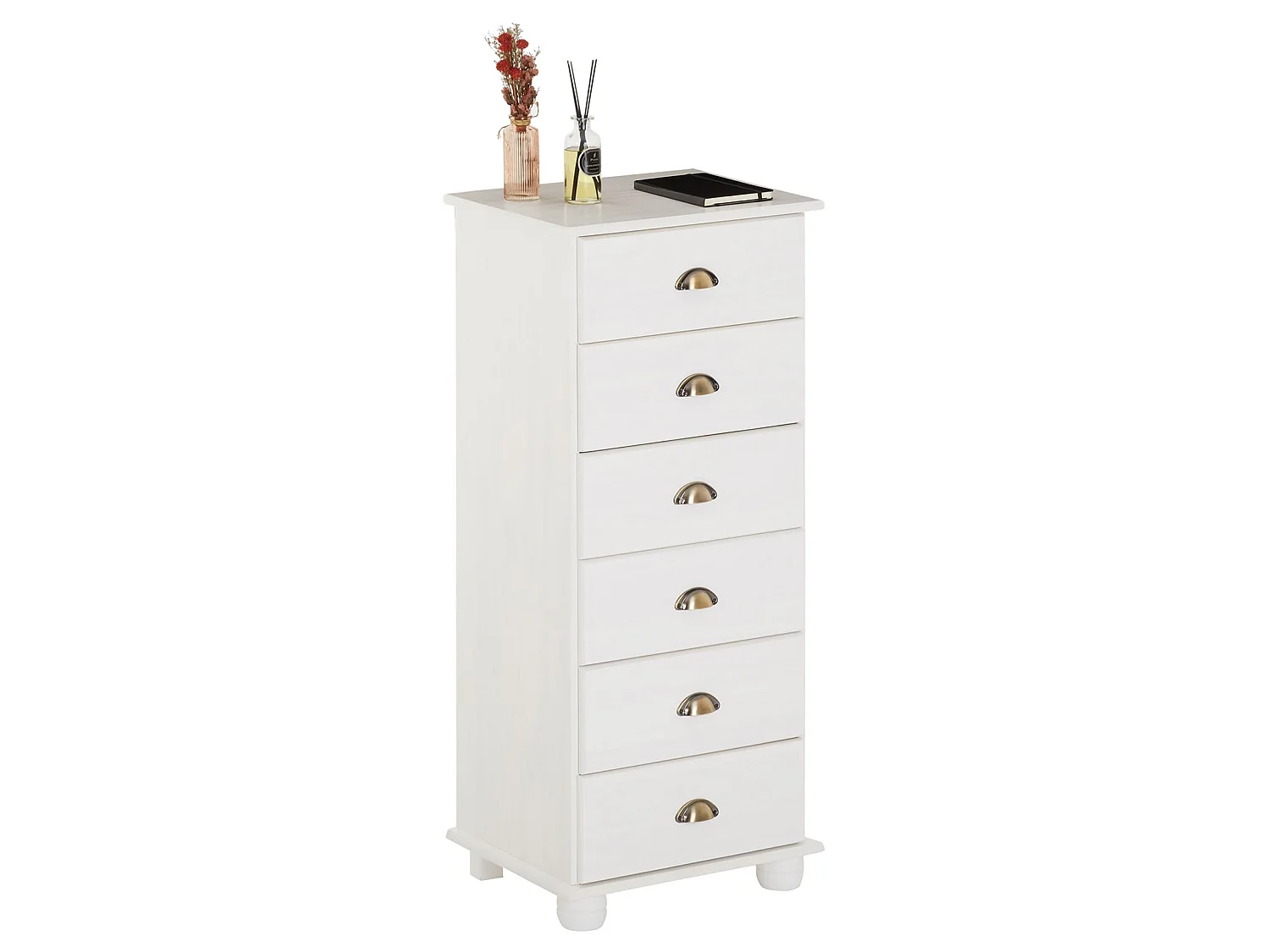 Chiffonnier COLMAR commode apothicaire avec 6 tiroirs de rangement, en pin massif lasuré blanc