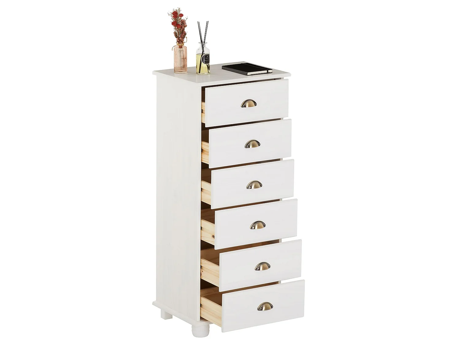 Chiffonnier COLMAR commode apothicaire avec 6 tiroirs de rangement, en pin massif lasuré blanc