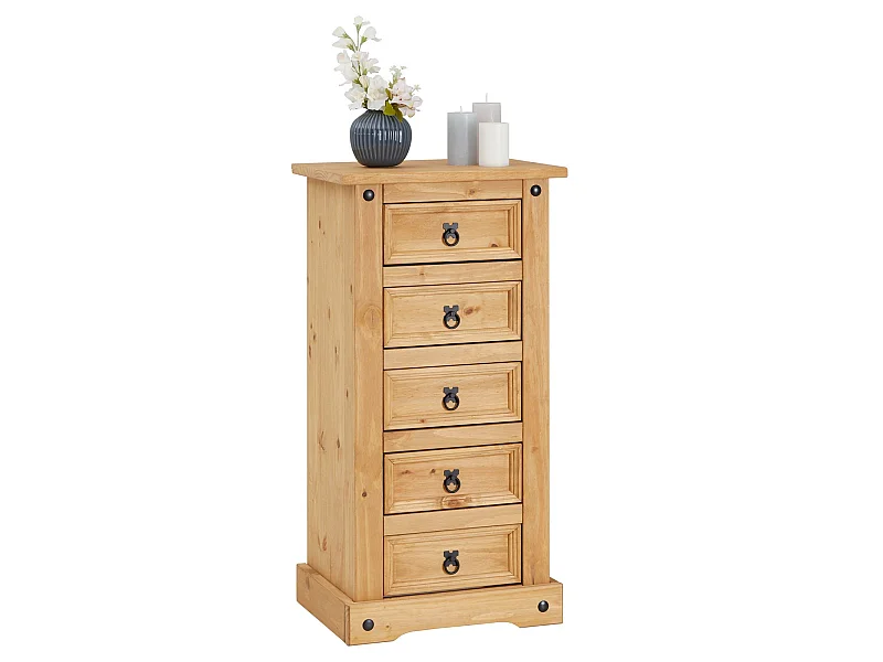 Chiffonnier SALSA commode en bois style mexicain avec 5 tiroirs, en pin massif finition teintée/cirée