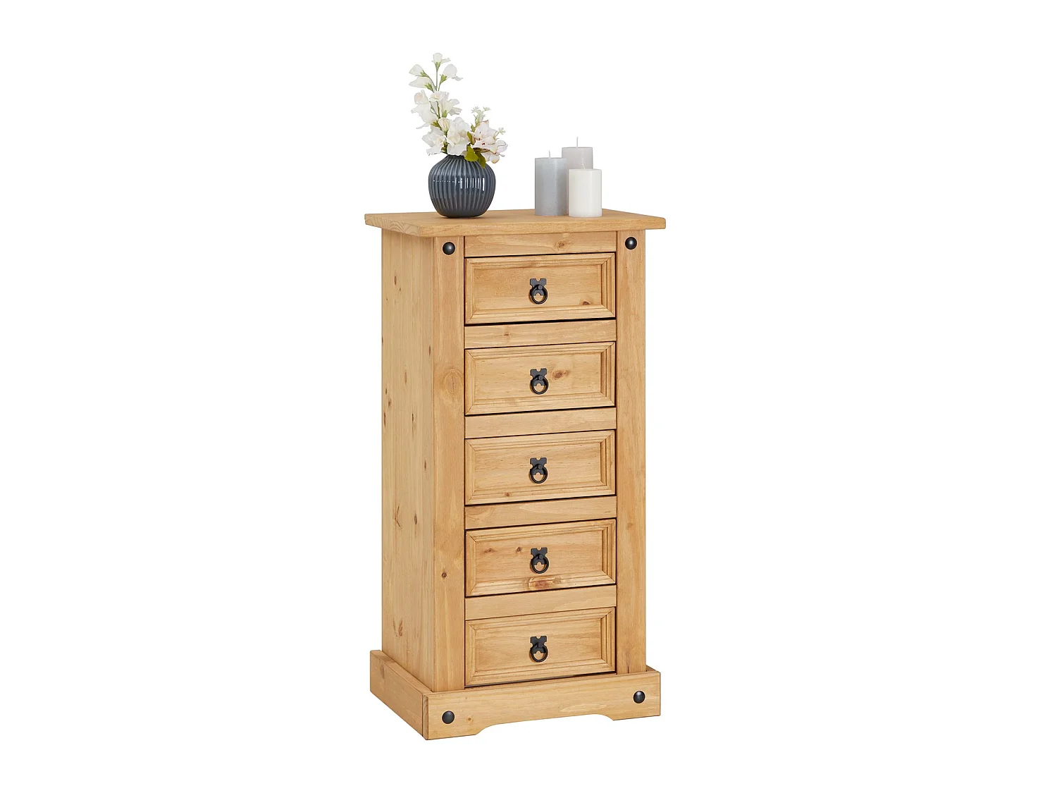 Chiffonnier SALSA commode en bois style mexicain avec 5 tiroirs, en pin massif finition teintée/cirée
