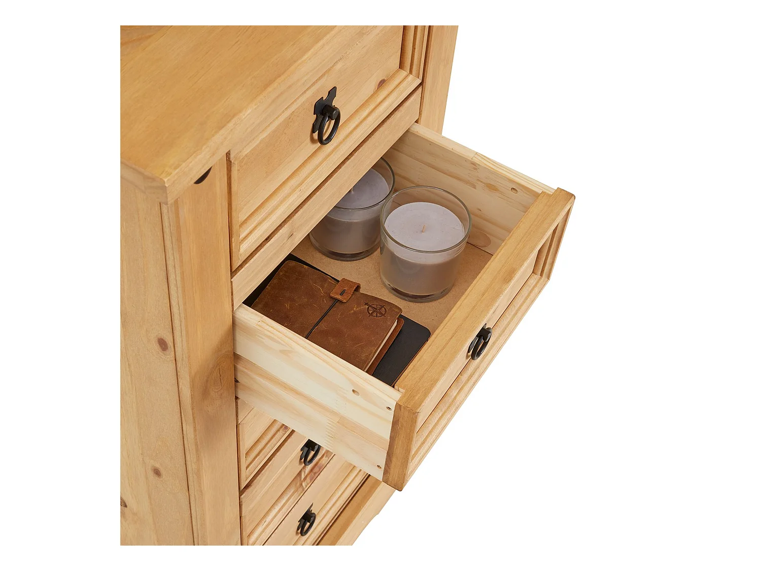 Chiffonnier SALSA commode en bois style mexicain avec 5 tiroirs, en pin massif finition teintée/cirée