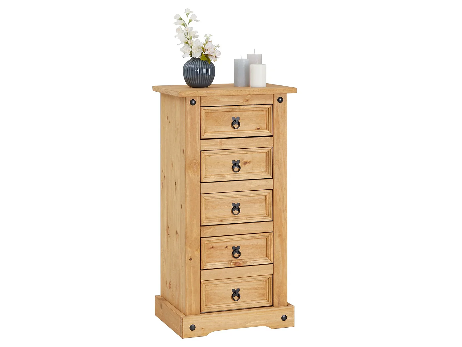 Chiffonnier SALSA commode en bois style mexicain avec 5 tiroirs, en pin massif finition teintée/cirée