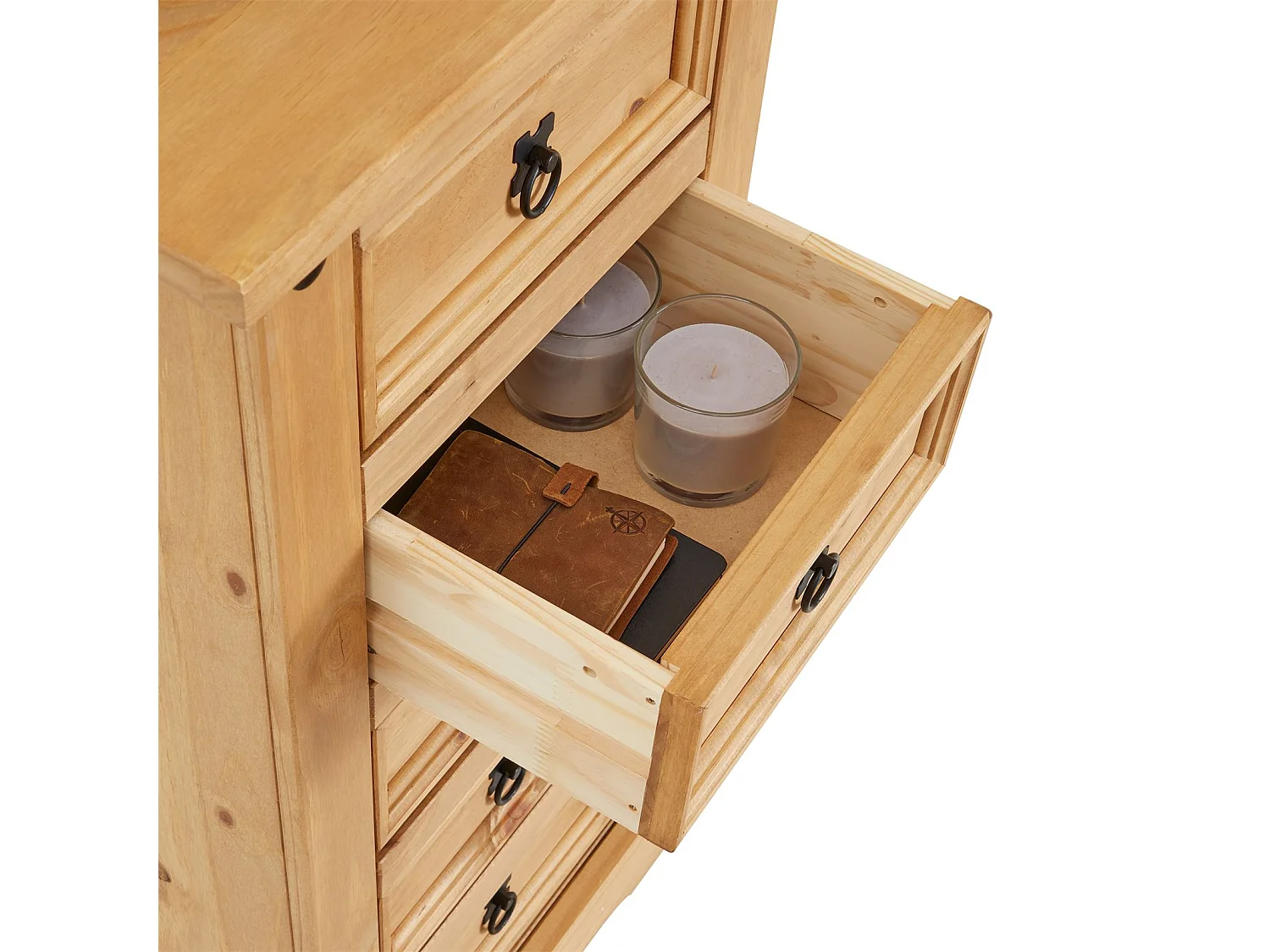 Chiffonnier SALSA commode en bois style mexicain avec 5 tiroirs, en pin massif finition teintée/cirée