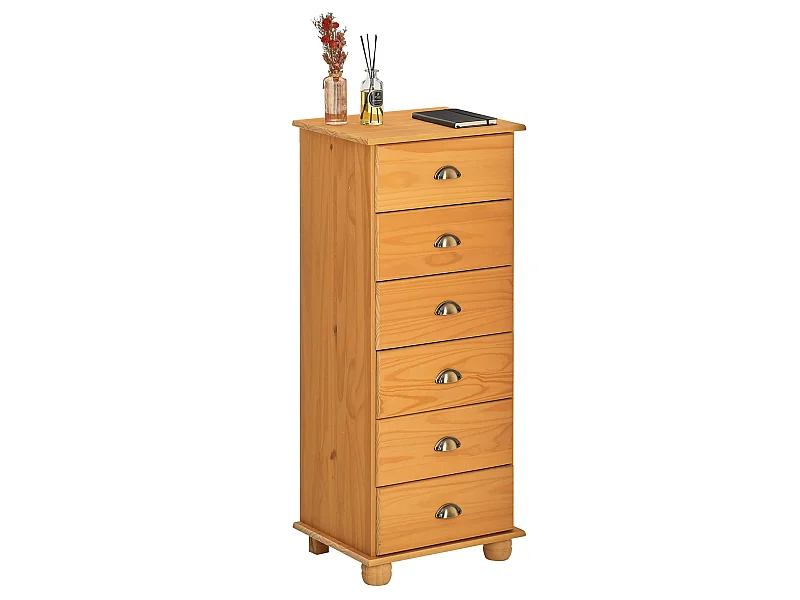 Chiffonnier COLMAR commode apothicaire avec 6 tiroirs de rangement, en pin massif finition cirée