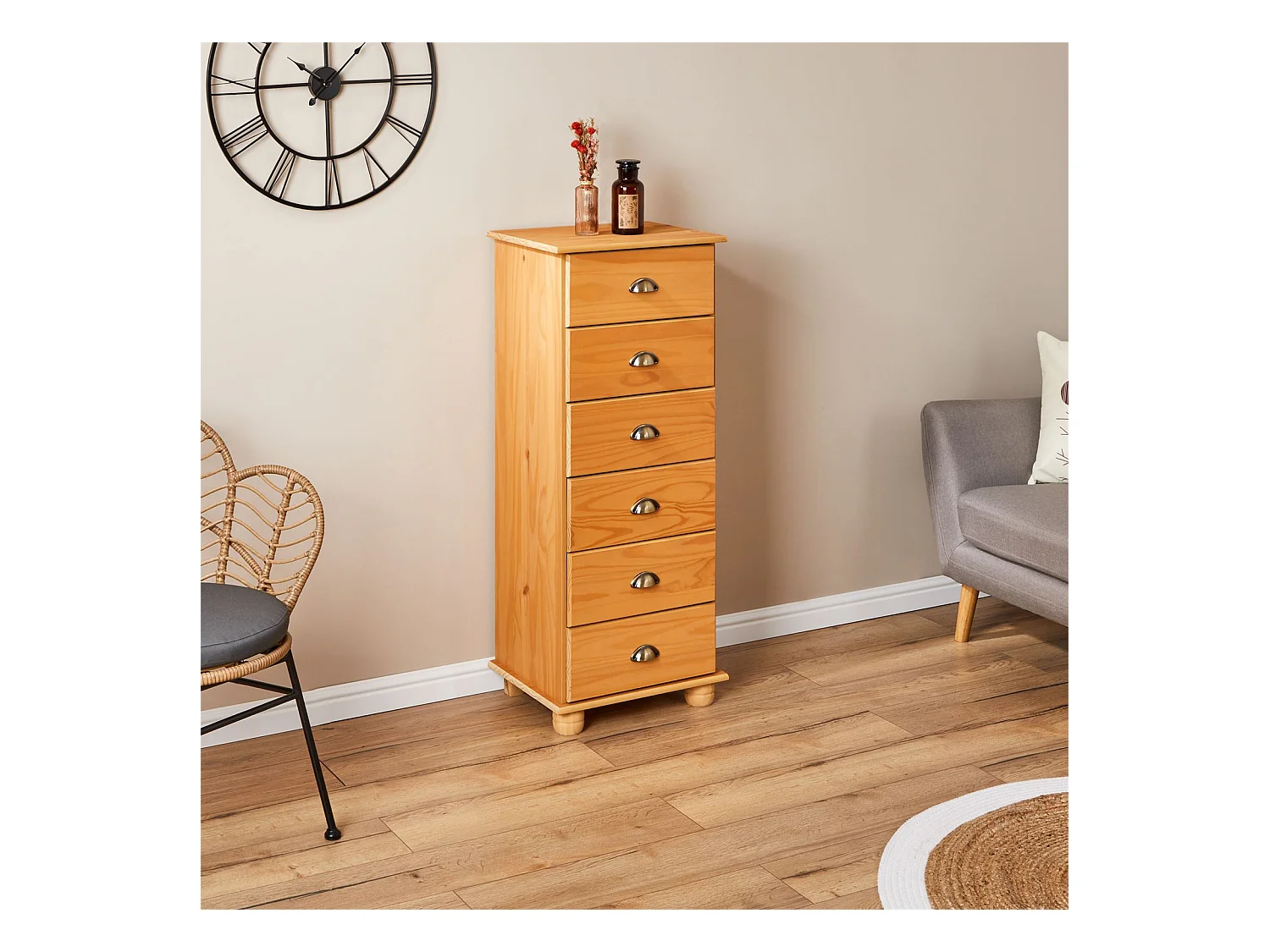 Chiffonnier COLMAR commode apothicaire avec 6 tiroirs de rangement, en pin massif finition cirée