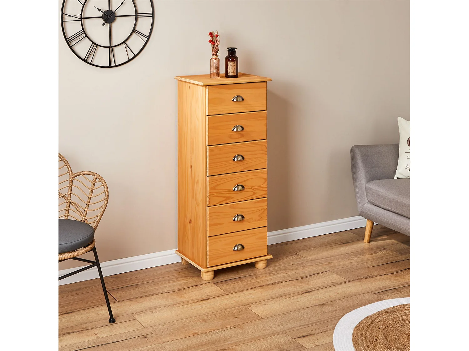 Chiffonnier COLMAR commode apothicaire avec 6 tiroirs de rangement, en pin massif finition cirée