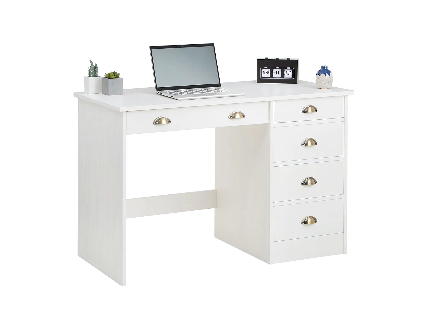 Bureau LANA avec rangement 5 tiroirs et poignées en forme de coquille, en pin massif lasuré blanc