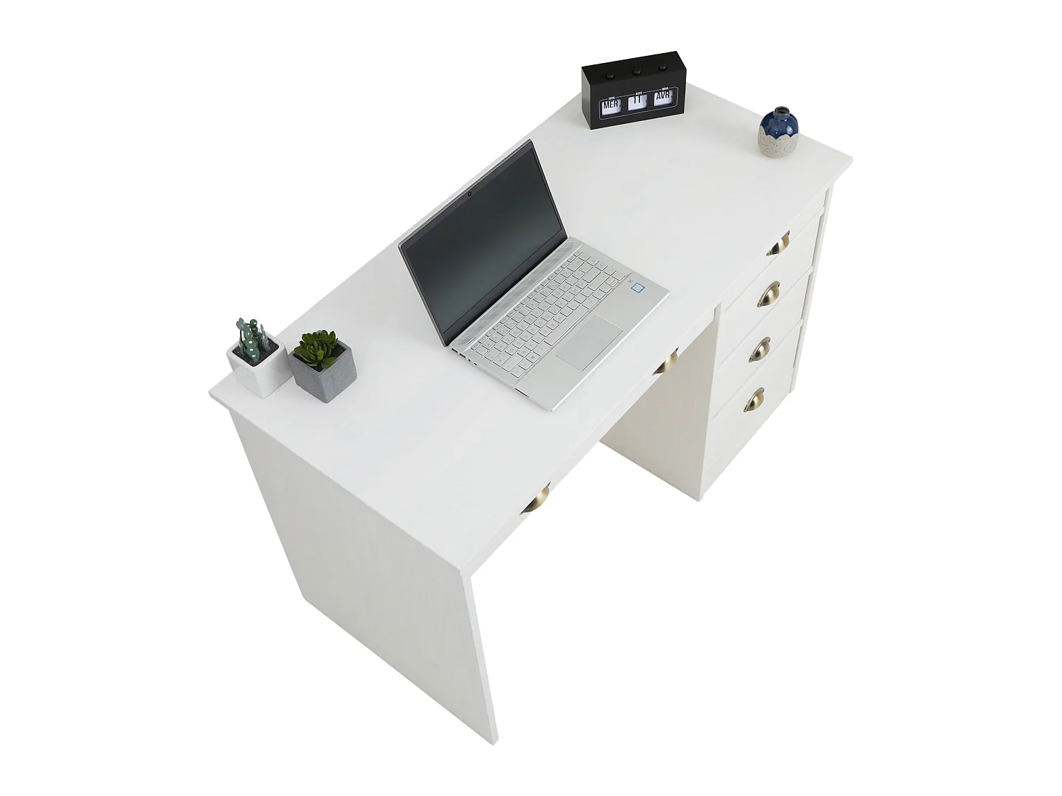 Bureau LANA avec rangement 5 tiroirs et poignées en forme de coquille, en pin massif lasuré blanc