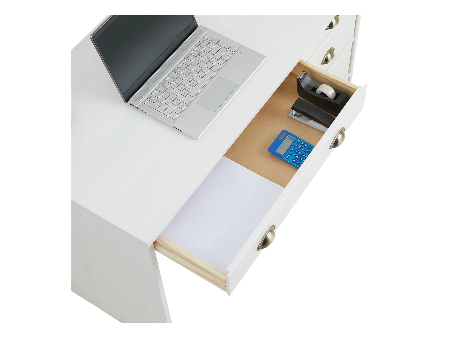 Bureau LANA avec rangement 5 tiroirs et poignées en forme de coquille, en pin massif lasuré blanc