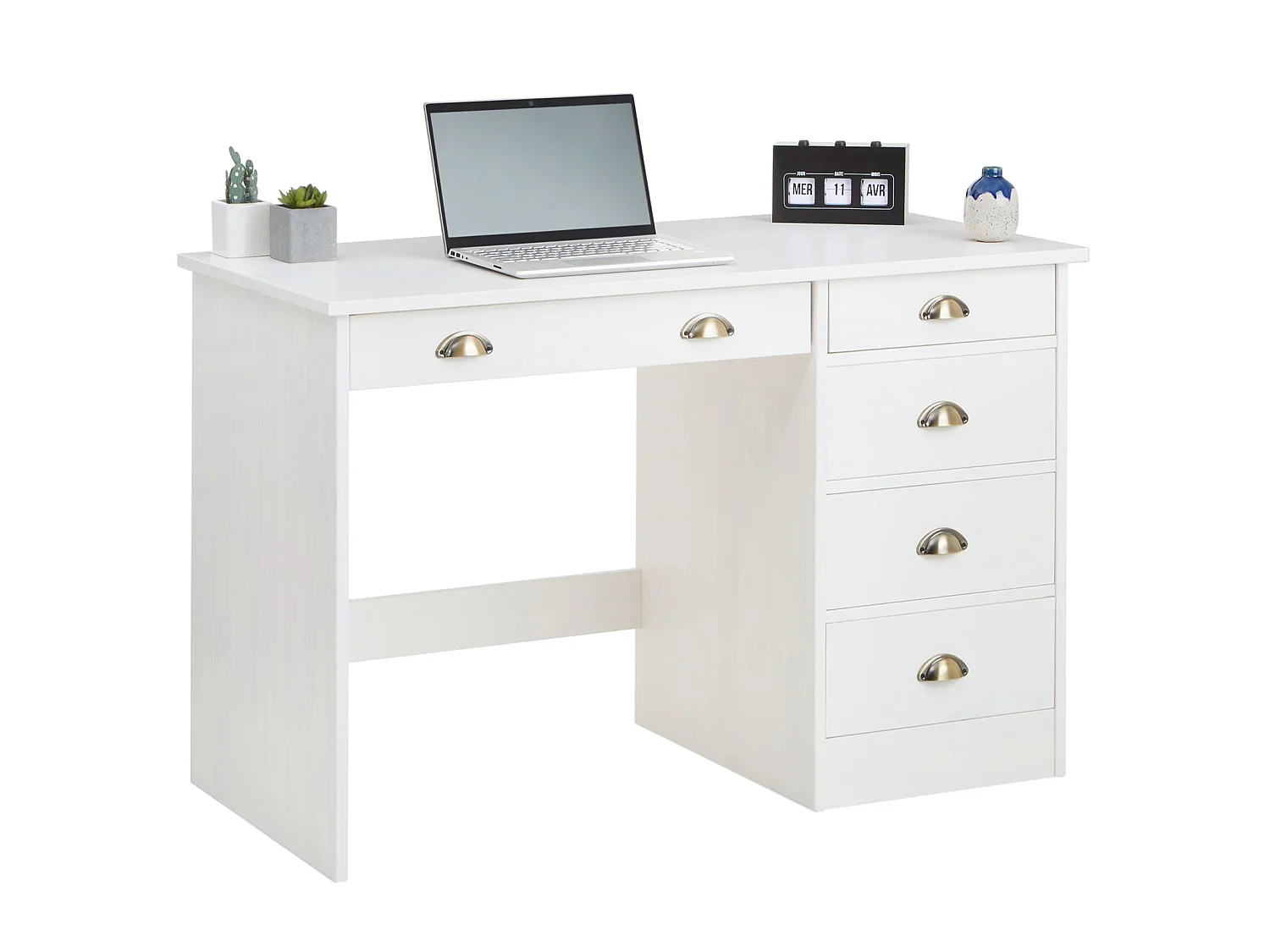 Bureau LANA avec rangement 5 tiroirs et poignées en forme de coquille, en pin massif lasuré blanc