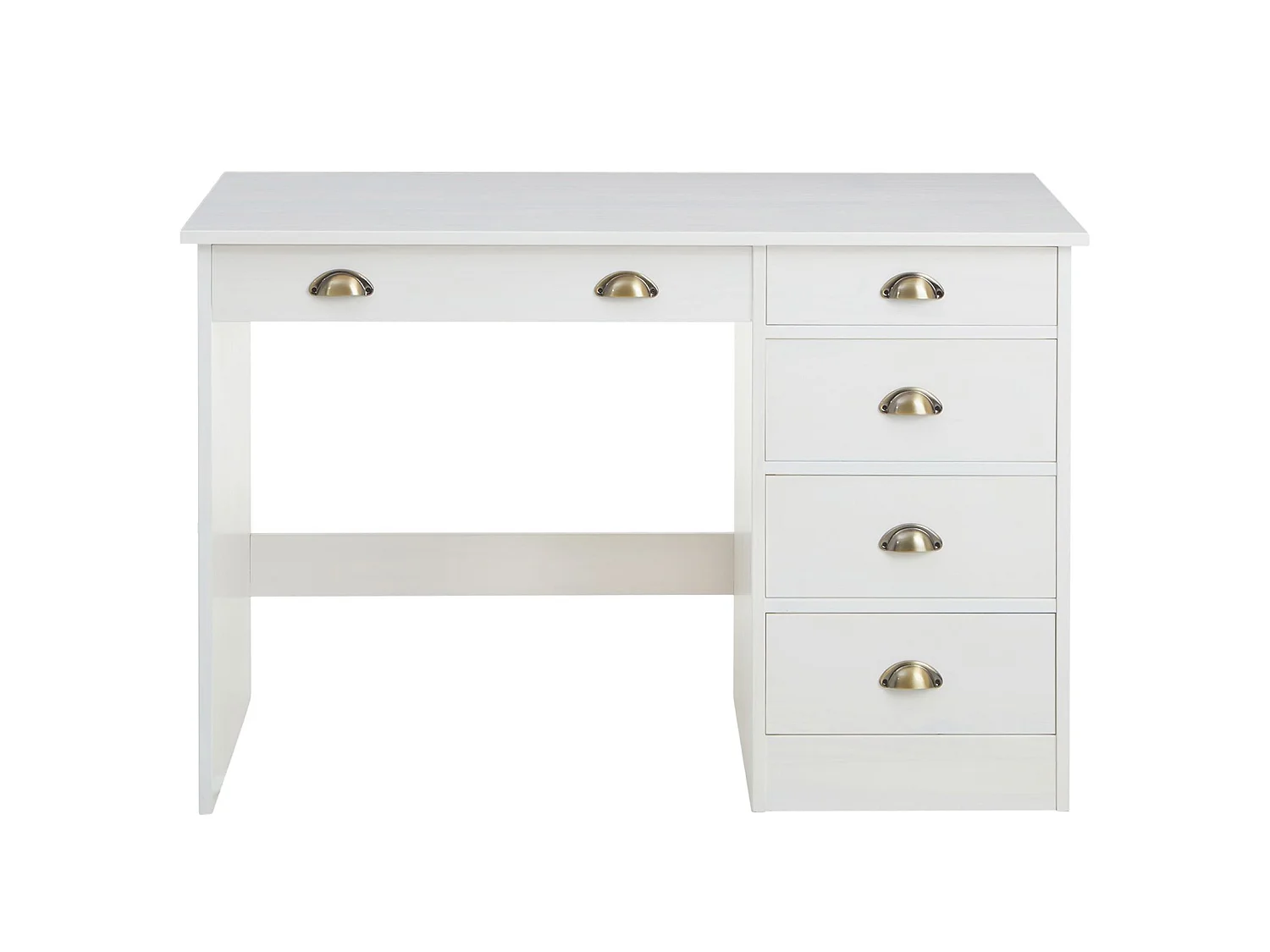 Bureau LANA avec rangement 5 tiroirs et poignées en forme de coquille, en pin massif lasuré blanc