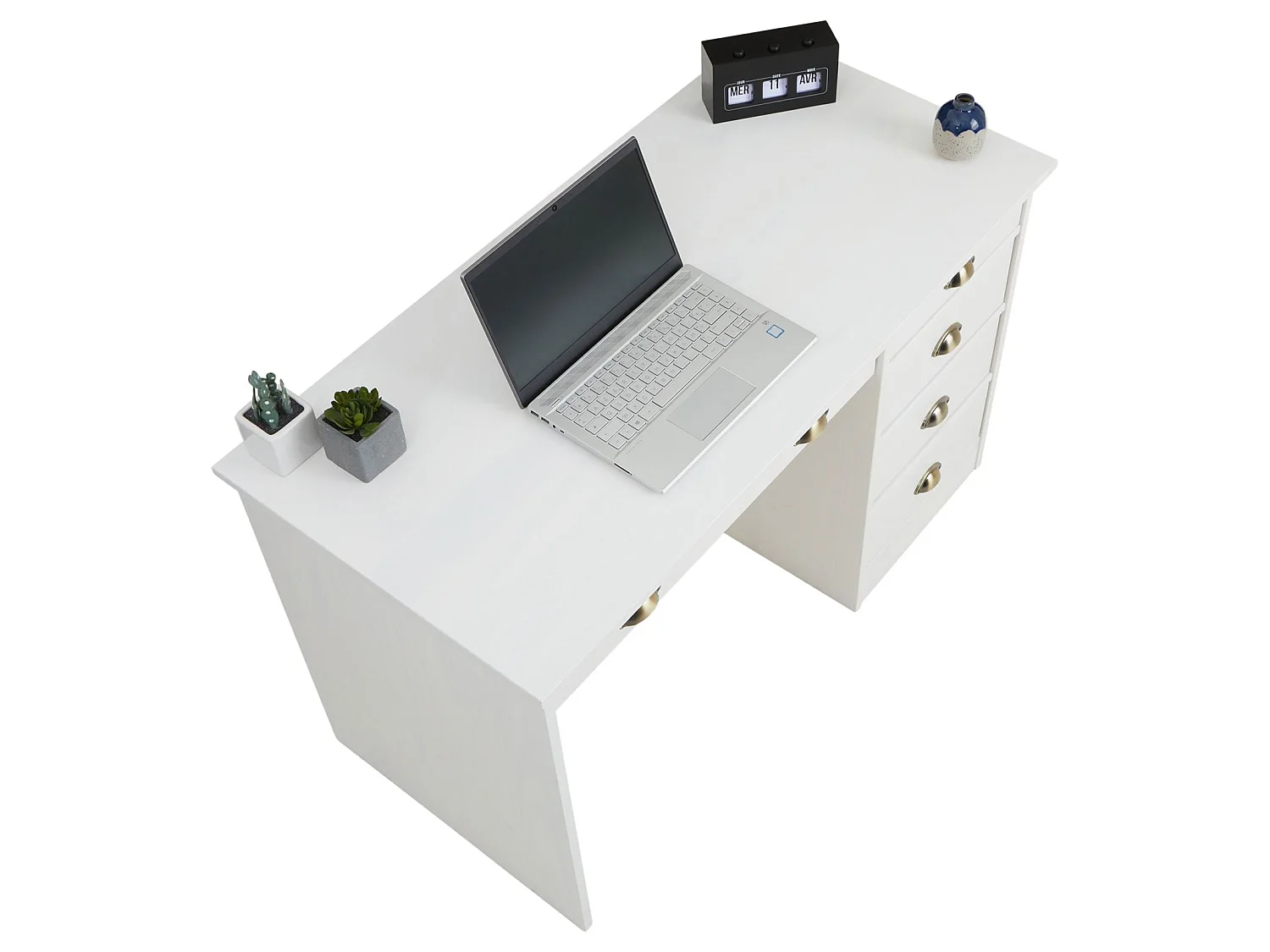 Bureau LANA avec rangement 5 tiroirs et poignées en forme de coquille, en pin massif lasuré blanc