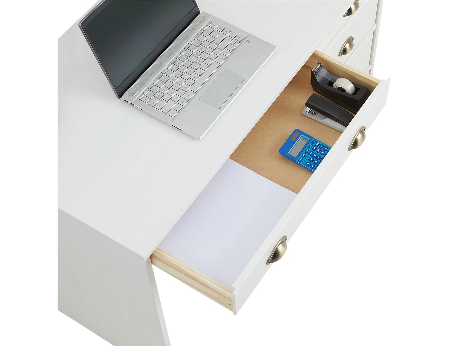 Bureau LANA avec rangement 5 tiroirs et poignées en forme de coquille, en pin massif lasuré blanc