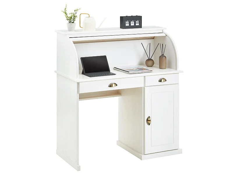 Bureau secrétaire TOM avec volet roulant rangement 2 tiroirs et 1 porte avec étagère, en pin massif lasuré blanc