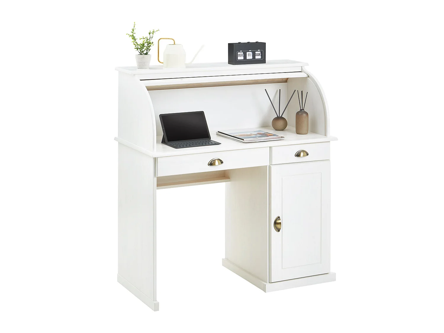 Bureau secrétaire TOM avec volet roulant rangement 2 tiroirs et 1 porte avec étagère, en pin massif lasuré blanc
