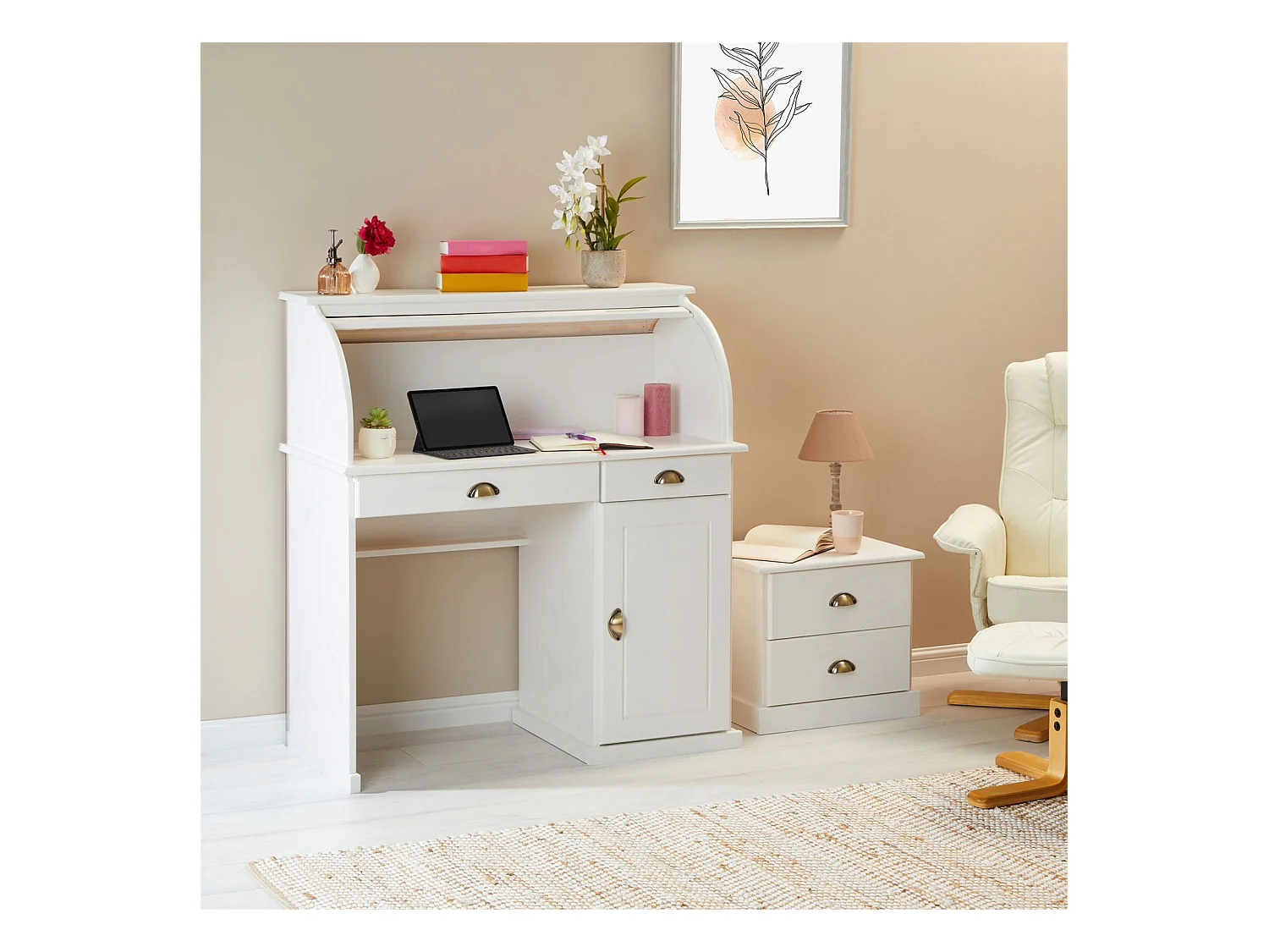 Bureau secrétaire TOM avec volet roulant rangement 2 tiroirs et 1 porte avec étagère, en pin massif lasuré blanc