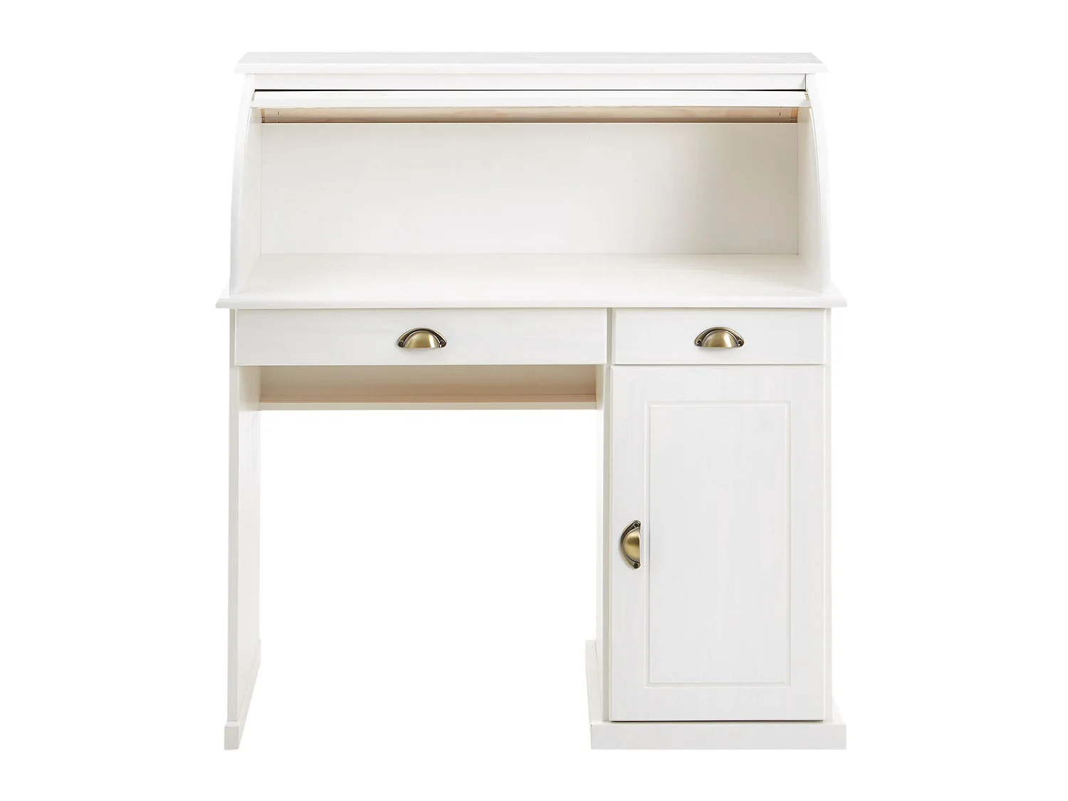 Bureau secrétaire TOM avec volet roulant rangement 2 tiroirs et 1 porte avec étagère, en pin massif lasuré blanc