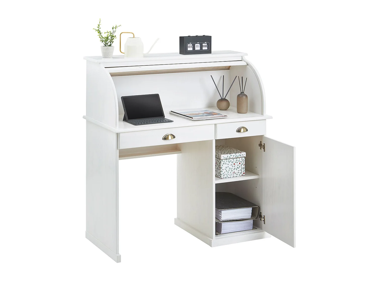 Bureau secrétaire TOM avec volet roulant rangement 2 tiroirs et 1 porte avec étagère, en pin massif lasuré blanc