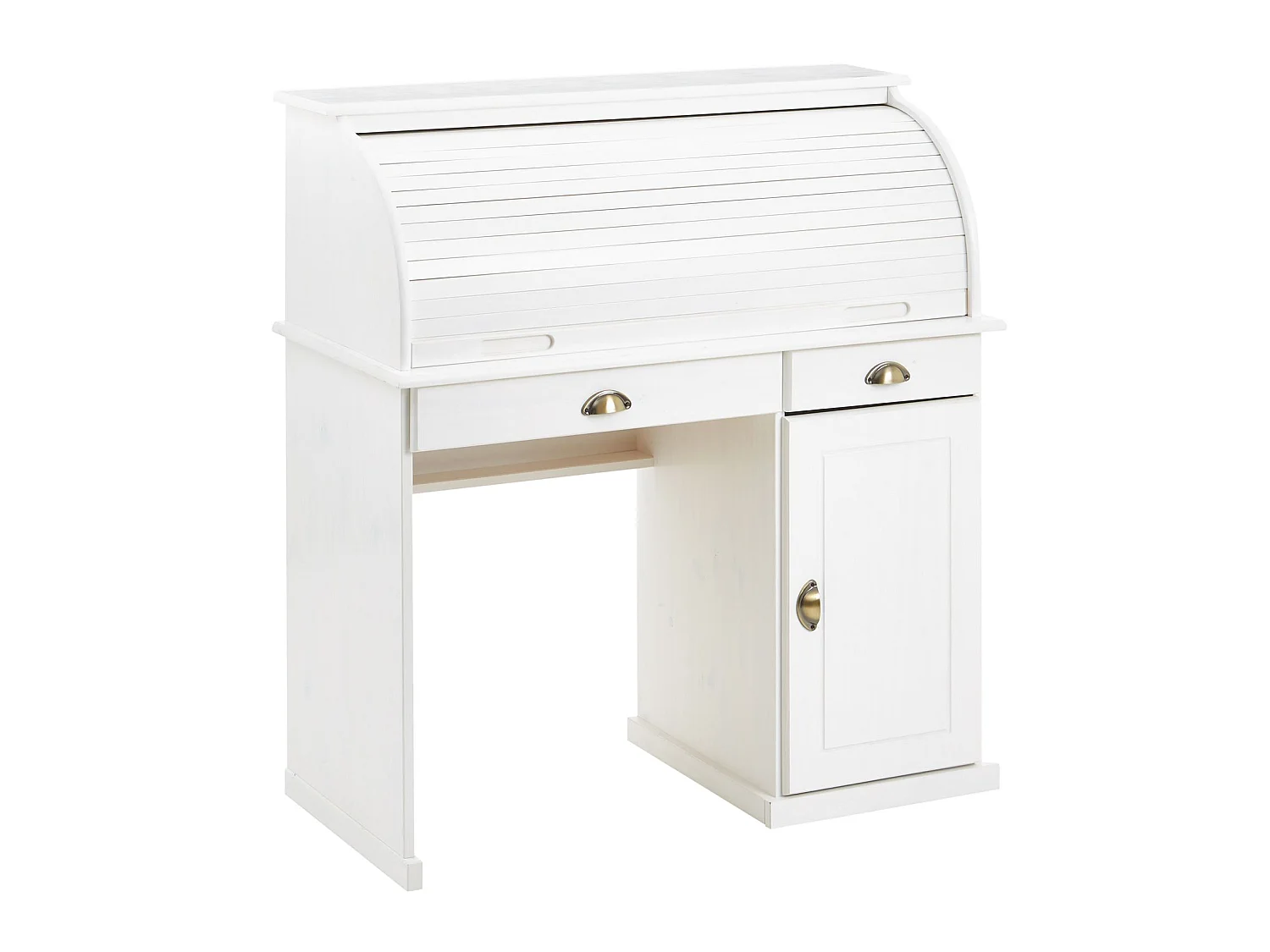 Bureau secrétaire TOM avec volet roulant rangement 2 tiroirs et 1 porte avec étagère, en pin massif lasuré blanc
