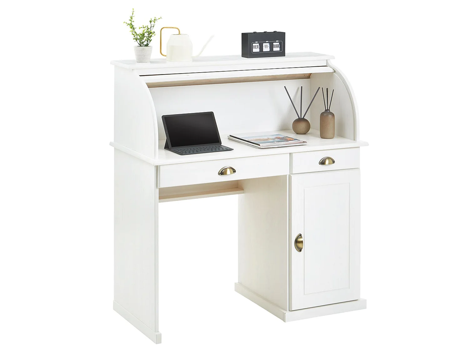 Bureau secrétaire TOM avec volet roulant rangement 2 tiroirs et 1 porte avec étagère, en pin massif lasuré blanc