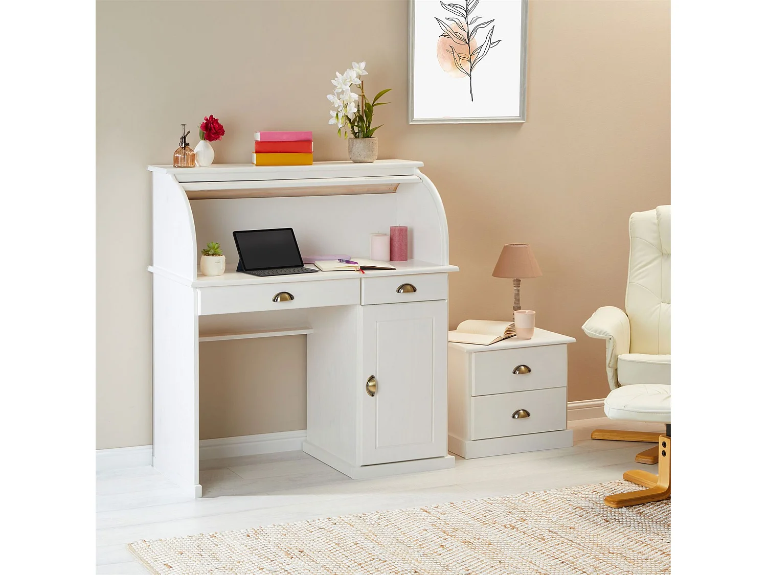 Bureau secrétaire TOM avec volet roulant rangement 2 tiroirs et 1 porte avec étagère, en pin massif lasuré blanc