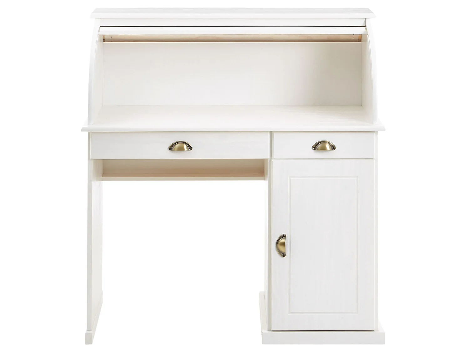 Bureau secrétaire TOM avec volet roulant rangement 2 tiroirs et 1 porte avec étagère, en pin massif lasuré blanc